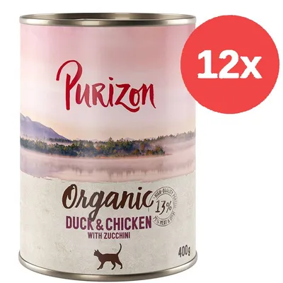 Purizon Organic Duck & Chicken with Zucchini, 13% mięsa, 400 g. Opakowanie zbiorcze 12x. Widoczny symbol kota na etykiecie.