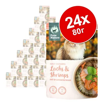 Pure Nature Lachs & Shrimps mit Brunnenkresse, 24 x 80 г паучове за котки. На опаковката има изображение на котка и купа с риба и скариди. Pure Nature Lachs & Shrimps mit Brunnenkresse, 24 x 80 г паучове за котки. На опаковката има изображение на котка и купа с риба и скариди.