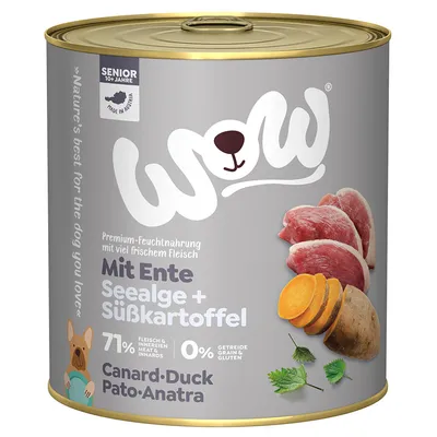Boîte WOW pour chien senior 10+ ans, canard, algue et patate douce, 71 % viande et abats, 0 % céréales et gluten, texte multilingue, images de viande, patate douce et herbes. Boîte WOW pour chien senior 10+ ans, canard, algue et patate douce, 71 % viande et abats, 0 % céréales et gluten, texte multilingue, images de viande, patate douce et herbes.