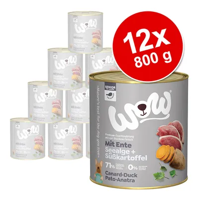 WOW Mit Ente, Seealge + Süßkartoffel, 12x800 g, alimento umido per cani senior. Testo in tedesco e francese visibile su confezione: Canard-Duck Pato-Anatra, 71% carne, senza cereali.