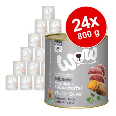 WOW Mit Ente, Seelage + Süßkartoffel, 24x800 g. Testo visibile: 71% Fleischanteil, 0% Getreide, Canard-Duck-Pato-Anatra, immagine di carne d'anatra e patata dolce.