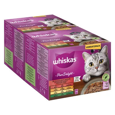 Whiskas Pure Delight säästöpakkaus, klassinen ragout hyytelössä, 24 annospussia naudalla, siipikarjalla, kanalla ja lampaanlihalla. Ravintotaulukko ja ainesosaluettelo näkyvissä.