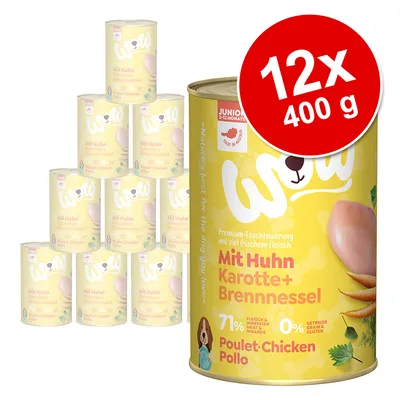 Wow Mit Huhn Karotte + Brennnessel våtfoder för hund, 12 x 400 g burkar. Text: 71 % Fleisch & Innereien, 0 % Getreide Gluten, Poulet-Chicken Pollo. För junior 2–12 månader. Wow Mit Huhn Karotte + Brennnessel våtfoder för hund, 12 x 400 g burkar. Text: 71 % Fleisch & Innereien, 0 % Getreide Gluten, Poulet-Chicken Pollo. För junior 2–12 månader.