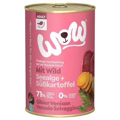WOW Premium-Feuchtnahrung Adult mit Wild, Seealge und Süßkartoffel. 71% Fleisch & Innereien, 0% Getreide & Gluten. Made in Austria.