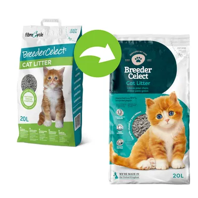 Dve embalaži BreederCelect Cat Litter, 20L, z oranžnim muckom na sprednji strani. Prikazana je sprememba dizajna embalaže. Vidno: naravni nadzor vonja, izdelano v Združenem kraljestvu. Dve embalaži BreederCelect Cat Litter, 20L, z oranžnim muckom na sprednji strani. Prikazana je sprememba dizajna embalaže. Vidno: naravni nadzor vonja, izdelano v Združenem kraljestvu.