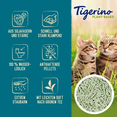 Tigerino Plant-Based kissanhiekka: soijakuiduista, voimakkaasti paakkuuntuva, 100 % vesiliukoinen, tarttumattomat pelletit, erittäin vähäpölyinen, kevyt vihreän teen tuoksu.