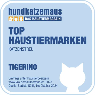 hundkatzemaus Das Haustiermagazin. Top Haustiermarken Katzenstreu. Tigerino. Umfrage unter Haustierbesitzern, Quelle: Statista, gültig bis Oktober 2024.