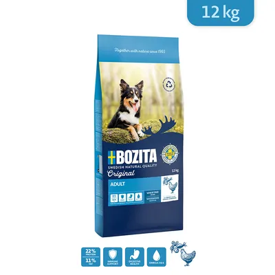 Bozita Original Adult kuivaruoka koirille, 12 kg. Vehnätön, 22 % proteiinia, 11 % rasvaa, tukee immuunijärjestelmää ja ruoansulatusta, sisältää omega-3 ja -6. Valmistettu Ruotsissa.
