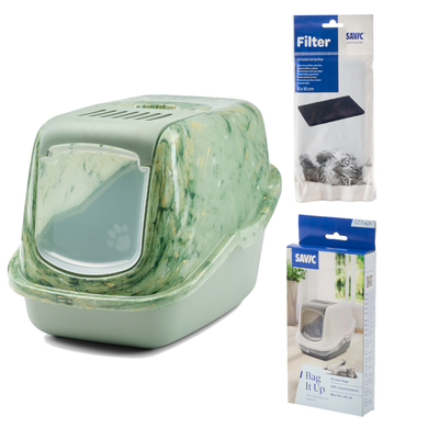 Geschlossene Katzentoilette mit Marmor-Design, schwarzem Boden und transparenter Klappe mit Pfotenmotiv.