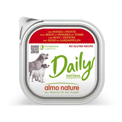 Almo Nature Daily med nötkött och potatis, naturliga ingredienser, glutenfri. Fondazione Capellino, all vinst till planeten.