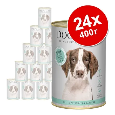 DOG'S LOVE консервирана храна за кучета, 24×400 г, патешко месо, с топинамбур и морков. Видими надписи: ENTE, HYPOALLERGEN, MADE IN AUSTRIA, 60% ENTE.