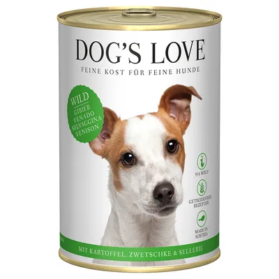 Dog's Love hondenvoer, variant wild met aardappel, pruim en selderij. 55% wild, graanvrij recept, geproduceerd in Oostenrijk.