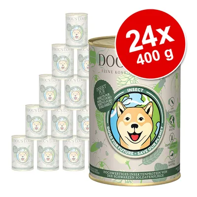 DOG'S LOVE Insect Pur hundefoder, 24x400 g. Tekst: INSEKT PUR, DOGS FOR FUTURE – SAVE OUR PLANET, HOCHWERTIGES INSEKTENPROTEIN VON DER SCHWARZEN SOLDATENFLIEGE. Synlige ikoner for insektprotein og bæredygtighed. DOG'S LOVE Insect Pur hundefoder, 24x400 g. Tekst: INSEKT PUR, DOGS FOR FUTURE – SAVE OUR PLANET, HOCHWERTIGES INSEKTENPROTEIN VON DER SCHWARZEN SOLDATENFLIEGE. Synlige ikoner for insektprotein og bæredygtighed.