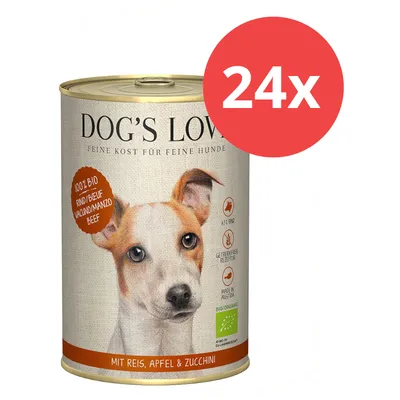 Dog's Love Hundefutter, 100% Bio Rind mit Reis, Apfel & Zucchini. Getreidefreie Rezeptur, Made in Austria, Bio-Zertifikat DE-ÖKO-006. Packung mit 24 Dosen.