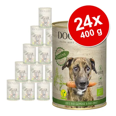 Set 24x400 g conserve DOG'S LOVE GREENS, imagine cu câine ținând un morcov, etichete vizibile: vegan, bio-organic, 100% bio-legume & bio-fructe, fără cereale, fabricat în Austria.
