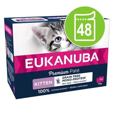 Eukanuba Premium Paté Kitten, 100% živočišné bílkoviny, bez obilovin, jedno bílkovina, 12x85g. Zelený symbol s číslem 48 pro zásobní balení.