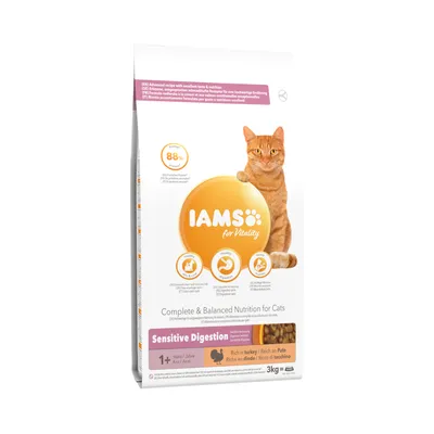 IAMS for Vitality Sensitive Digestion, suché krmivo pro kočky s krůtou, pro kočky od 1 roku, balení 3 kg. Obsahuje 88 % živočišných bílkovin, podporuje zdravé trávení.