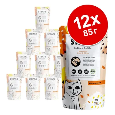 STRAYZ паучове за котки, 12×85 г. Видими икони: 95% месо, без зърнени храни, без добавки, био сертификат. Надпис на немски: Gans & Kürbis. Изображение на котка върху опаковката.