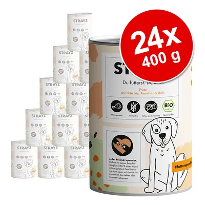 Lot de 24 boîtes STRAYZ 400 g, Pute mit Kürbis, Fenchel & Reis, mentions Monoprotein, Glutenfrei, Ohne Zuckerzusatz, Bio. Illustration de chien sur l’emballage.