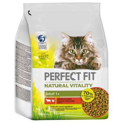 PERFECT FIT Natural Vitality kattemad, adult 1+, med oksekød og kylling, 70 % protein fra animalsk oprindelse, made with natural ingredients, billede af tørfoder og kat på posen