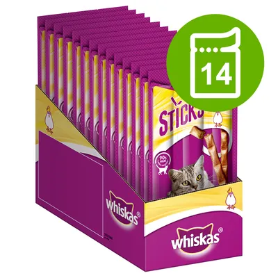 Whiskas Sticks mit Huhn, 90% Fleischanteil. Packung mit 14 Stück.