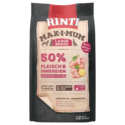 Rinti Max-i-Mum Large Breed, 50 % lihaa ja sisäelimiä, yksiproteiininen kana, 50 % vihanneksia, viljaton, suurille koirille alkaen 25 kg, 12 kg pussi.