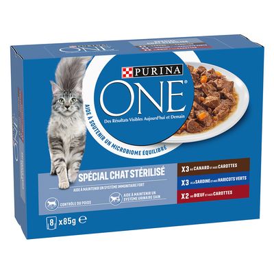 Confezione mista PURINA ONE Sterilised gatto 8 x 85 g Anatra, manzo, sardine
