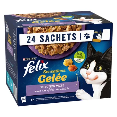 Purina Felix Sensations Gelee, izbor s 24 vrećice. Bez bojila, miješane vrste u aromatiziranom želeu. Detalji o sastojcima na pakiranju.