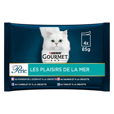 Purina Gourmet Perle Les Plaisirs de la Mer, 4x85g. Soorten: oceaanvis met garnaal, zalm met garnaal, schol met garnaal, tonijn met garnaal.