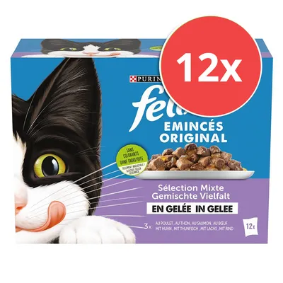 Purina Felix Emincés Original, 12x gemischte Vielfalt in Gelee. Ohne Farbstoffe. Sorten: Huhn, Thunfisch, Lachs, Rind.