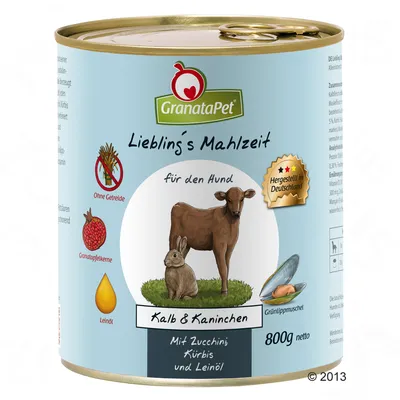 GranataPet Liebling's Mahlzeit za pse, Kalb & Kaninchen, brez žit, z granatnim jabolkom, bučo, lanenim oljem, 800 g. Hergestellt in Deutschland. Besedilo v nemščini. GranataPet Liebling's Mahlzeit za pse, Kalb & Kaninchen, brez žit, z granatnim jabolkom, bučo, lanenim oljem, 800 g. Hergestellt in Deutschland. Besedilo v nemščini.