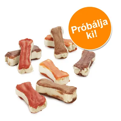 Csont alakú, különböző színű kutyajutalomfalatok. Narancssárga körben fehér szöveg: Próbálja ki! Csont alakú, különböző színű kutyajutalomfalatok. Narancssárga körben fehér szöveg: Próbálja ki!