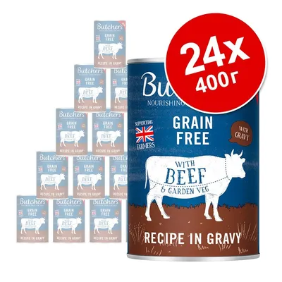 Butcher's Grain Free консерви с говеждо и зеленчуци в сос, 24 броя по 400 г. Видими надписи: 'SUPPORTING FARMERS', 'WITH GRAVY', 'RECIPE IN GRAVY'.