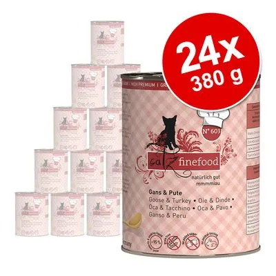 catz finefood Gans & Pute, 24 blikken à 380 g. Tekst op blik: natuurlijk gut, mmmmiau, N°603, Goose & Turkey, Oie & Dinde. Kattenvoer in roze blikverpakking.