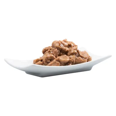 Primer plano de comida húmeda servida en un plato blanco, trozos marrones en salsa. Primer plano de comida húmeda servida en un plato blanco, trozos marrones en salsa.
