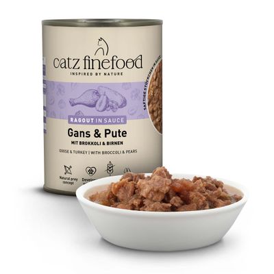 catz finefood Ragout in Sauce Oca & Tacchino con Broccoli & Pere, succosi bocconcini in salsa, concetto di preda naturale, sviluppato con veterinari.