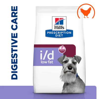 Hill's Prescription Diet i/d low fat csirkével, Digestive Care, ActivBiome+ Digestion, kutya ábrája a csomagoláson. Hill's Prescription Diet i/d low fat csirkével, Digestive Care, ActivBiome+ Digestion, kutya ábrája a csomagoláson.