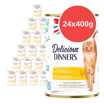 Butcher's Delicious Dinners with Chicken in jelly, balení 24×400g. Na etiketě je oranžová kočka a text: Natural ingredients with added vitamins & minerals. Butcher's Delicious Dinners with Chicken in jelly, balení 24×400g. Na etiketě je oranžová kočka a text: Natural ingredients with added vitamins & minerals.