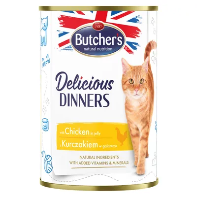 Butcher's Delicious Dinners z kurczakiem w galaretce, naturalne składniki z dodatkiem witamin i minerałów, puszka z wizerunkiem kota. Tekst częściowo po angielsku.