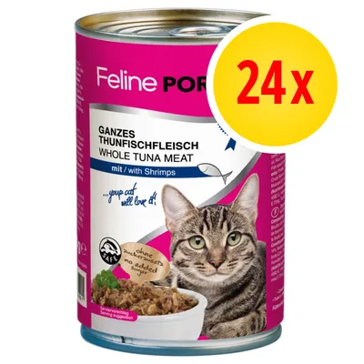 Feline Porta 21, boîte de viande de thon entier avec crevettes pour chat, texte visible : sans sucres ajoutés, lot de 24x. Texte en anglais et allemand sur l’emballage.