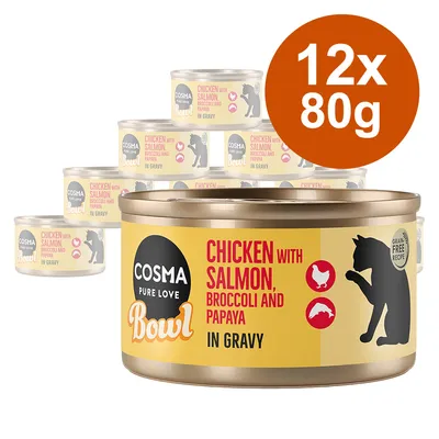 Cosma Pure Love Bowl kattmat, Chicken with Salmon, Broccoli and Papaya in Gravy. 12x80g burkar. Text: Grain Free Recipe.