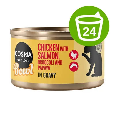 Cosma Pure Love Bowl, Chicken with Salmon, Broccoli and Papaya in Gravy. Opakowanie z sylwetką kota i ikoną 24 sztuki.