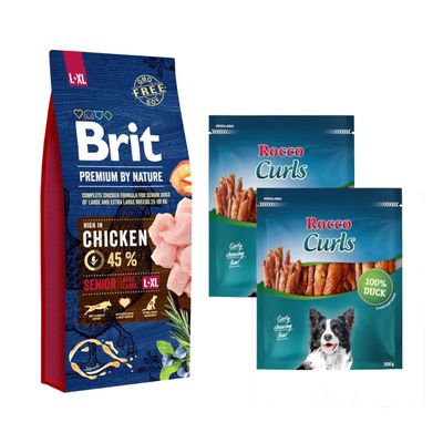 10 zł taniej! Brit karma sucha dla psa, 12 / 15 kg + Rocco Curls, kaczka, 400 g Senior L/XL, kurczak