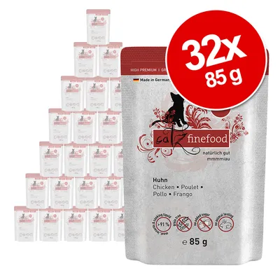 Lot de 32 sachets catz finefood Huhn (poulet), 85 g chacun. Texte visible : Made in Germany, naturellement bon, 91 % viande, sans sucre ajouté, sans tests animaux.