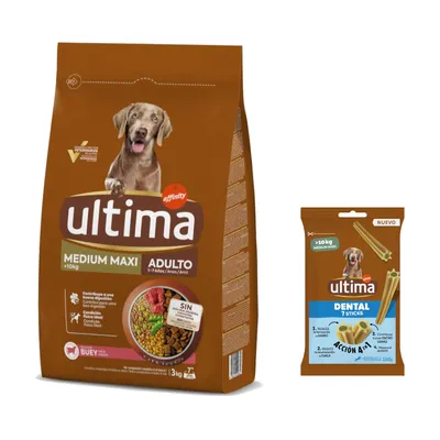 Ultima 3 à 18 kg + friandises Dental Sticks Medium / Maxi 180 g offertes ! - Medium / Maxi Adult bœuf (3 kg)