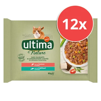 Ultima Nature comida para gatos, 85g, con salmón y bacalao, sin colorantes ni conservantes, al vapor. El paquete contiene 12 unidades.