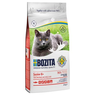 BOZITA Swedish Natural Quality Senior 8+ Lazac, 76% állati fehérje, gabonamentes, Svédországban készült, 10 kg-os zsák.