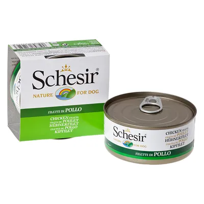 Schesir Nature for Dog, FILETTI DI POLLO, burk och förpackning med text: Chicken Fillets, Filets de Poulet, Hühnerfilet, Filetes de Pollo, Kipfilet. Metallburk synlig.