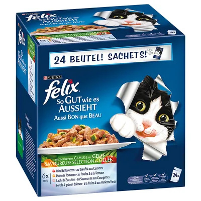 Упаковка Purina Felix So Gut wie es aussieht, 24 пауча. Видны блюда с мясом и овощами в желе, перечислены вкусы: говядина с морковью, курица с томатом, лосось с цукини, форель с фасолью.