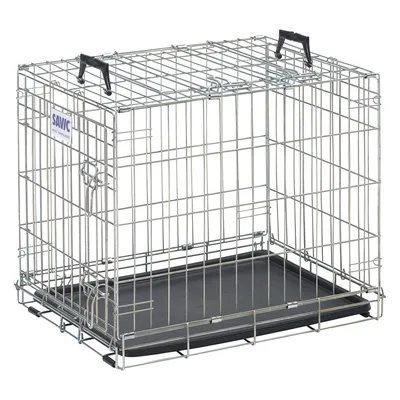 Metal wire pet crate with two black handles on top and a removable plastic tray at the base, shown open and empty.